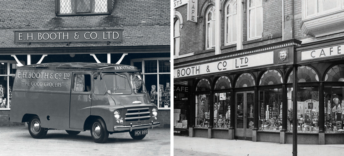 Historical image of a Booths delivery van and store front