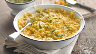 Roast Butternut Risotto served in a white bowl