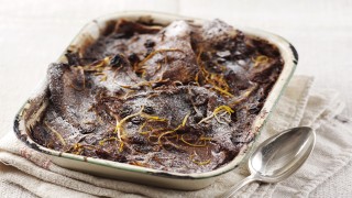 Chocolate and Orange Breand Butter Pudding served in a baking dish