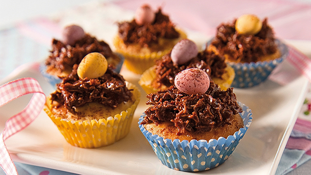 Chocolate Mini Nests decorated with chcolate eggs in spotty cake cases