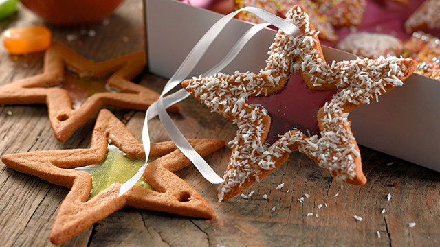 Festive Window Biscuits decorated with ribbon
