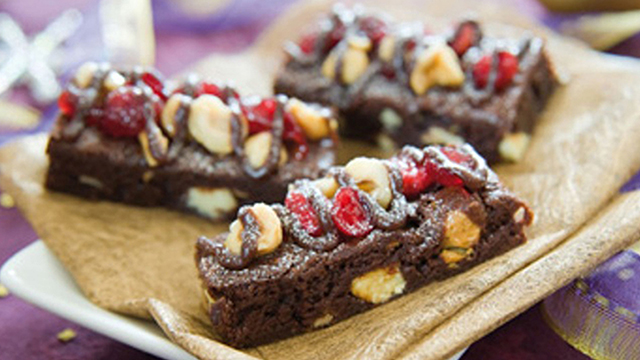 Christmas Chocolate Brownies served on a gold napkin