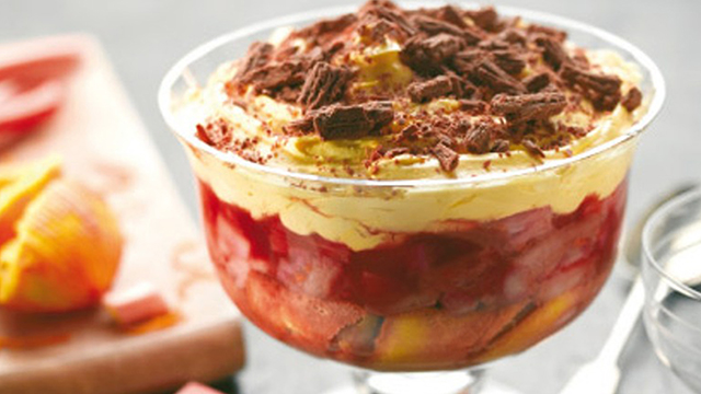 Cointreau, Rhubarb and Orange Trifle served in a glass dish