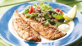 Mustard Crusted Herring served with wild rocket, sun-dried tomatoes, black olives and sunflower seeds