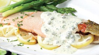 Rainbow Trout with Lemon & Capersserved with Asparagus and Hollandaise Sauce
