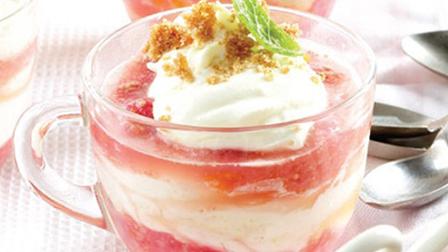 Roasted Rhubard and Lemon Curd Pots served with ginger biscuits and honey