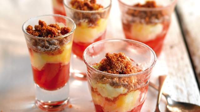 Rhubarb and Lemon Curd Pots served in glasses topped with icing sugar