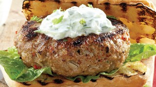 Spicy Lamb Burgers with Tzatziki served on a Toasted Ciabatta Bun