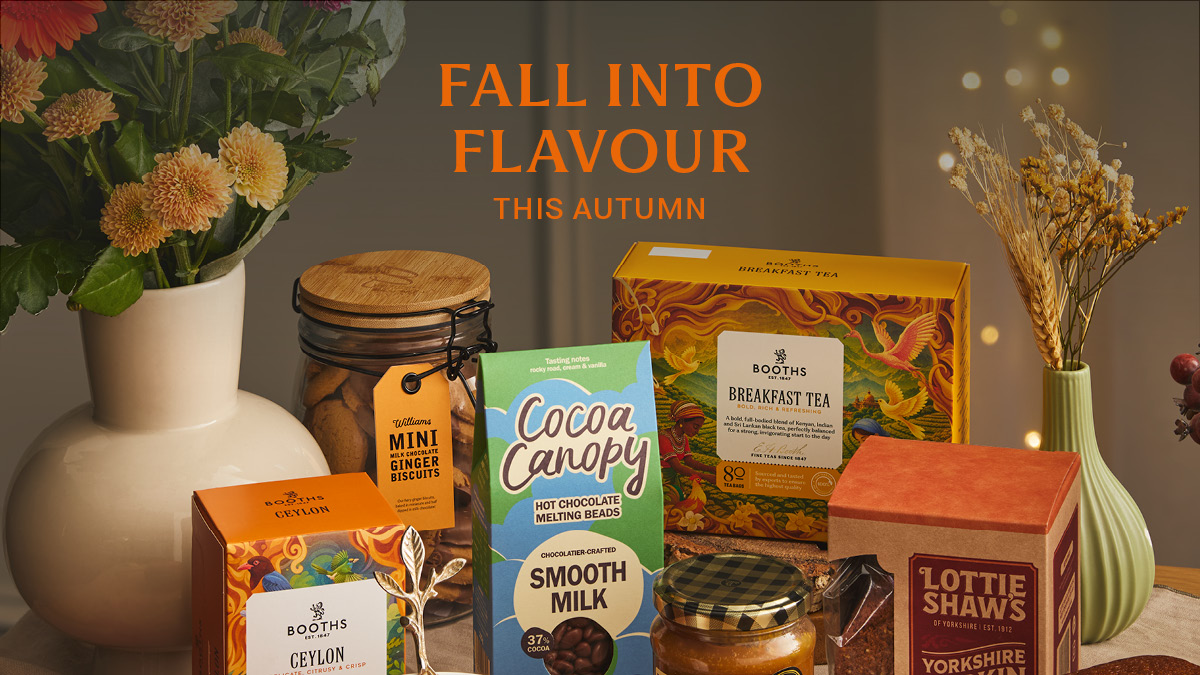 web banner that says fall into flavour this autumn with a variety of seasonal products