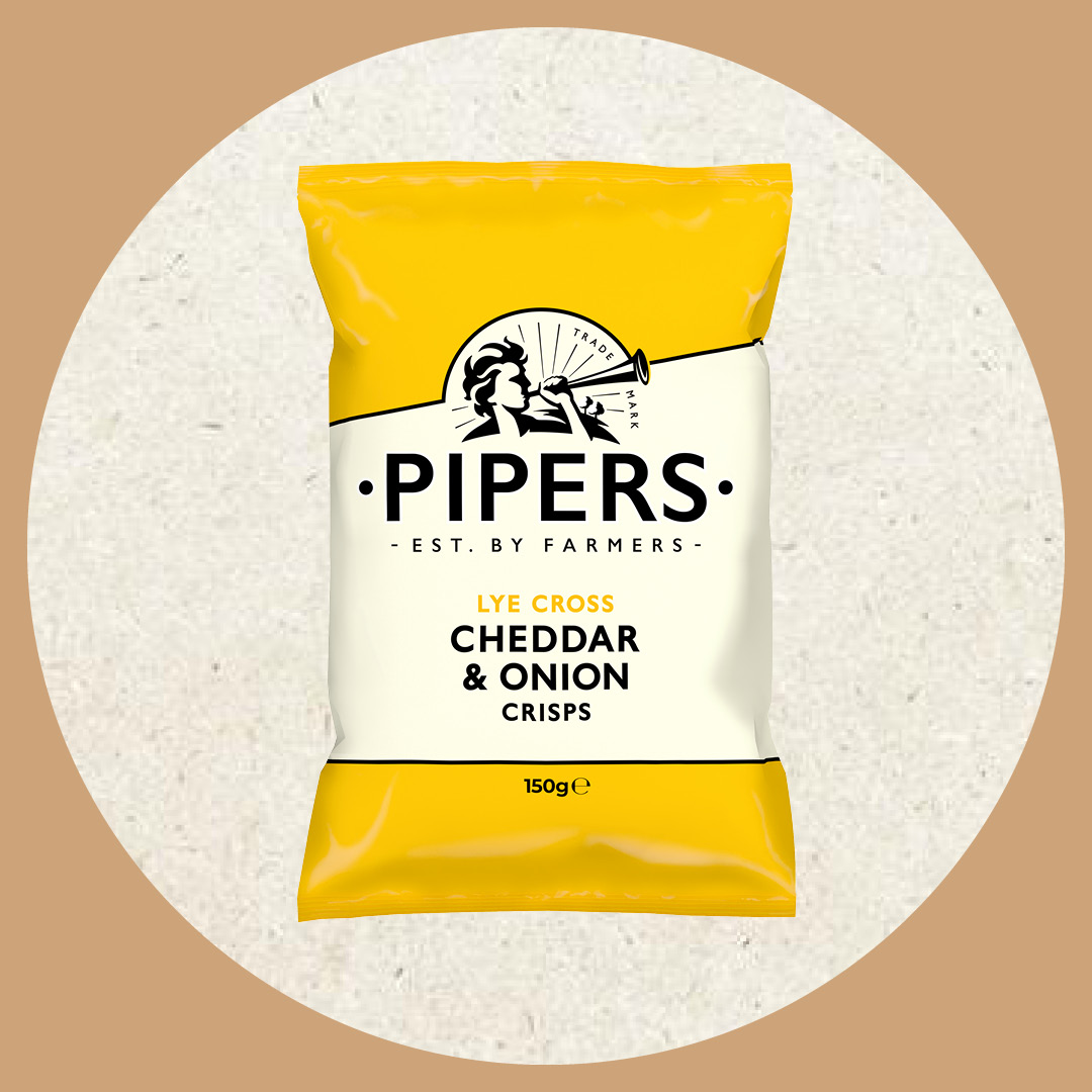 Image of a packet of Pipers Cheddar and Onion Crisps