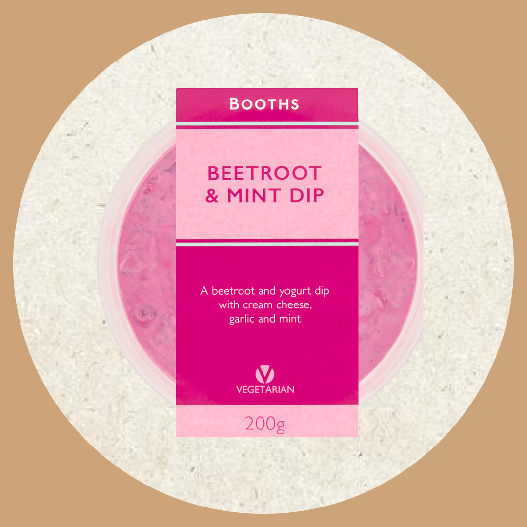 Image of a tub of Booths Beetroot and Mint Dip