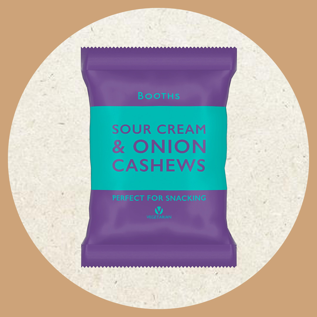 Image of a packet of Booths Sour Cream and Onion Cashews