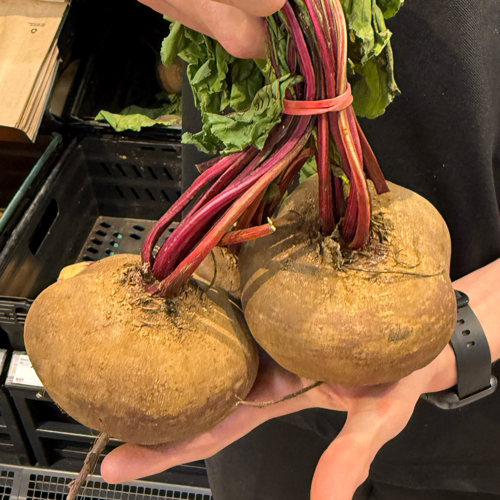 Close up image of someone holding 2 beetroots