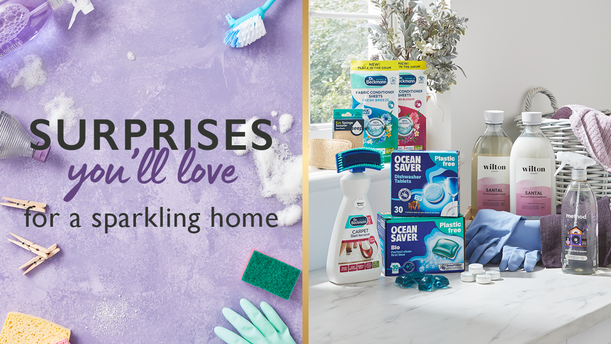 Purple surprises you'll love for a sparkling home web banner with an image of cleaning products on the right
