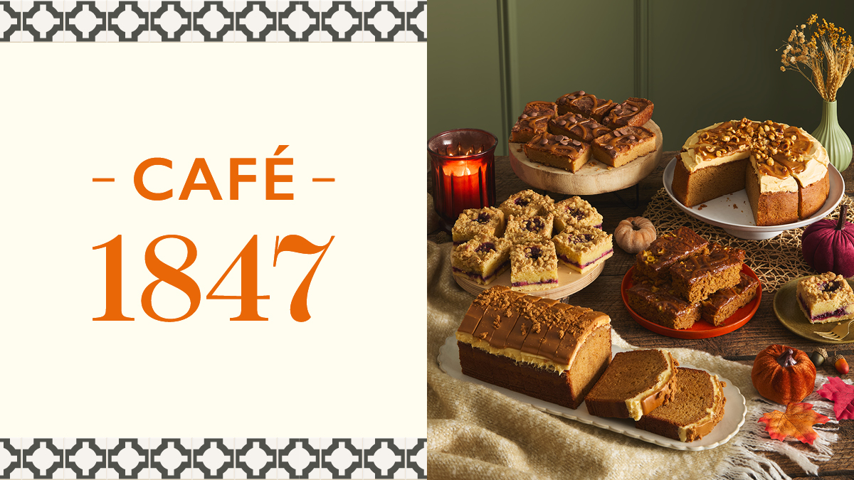 Café 1847 web banner with a group shot of various autumn cakes on the right
