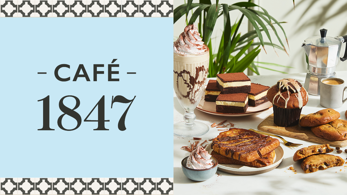 Café 1847 web banner with a group shot of tirmaisu treats