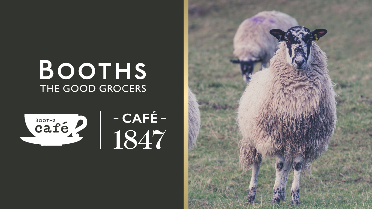 Web banner with the booths good grocer, booths cafe and cafe 1847 logos and an image of a sheep