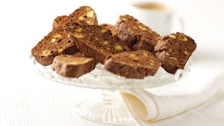 Chocolate and Pistachio Biscotti served on a glass serving tray