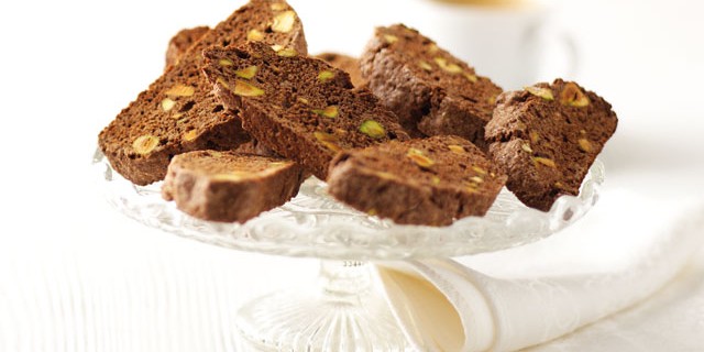 Chocolate and Pistachio Biscotti served on a glass serving tray