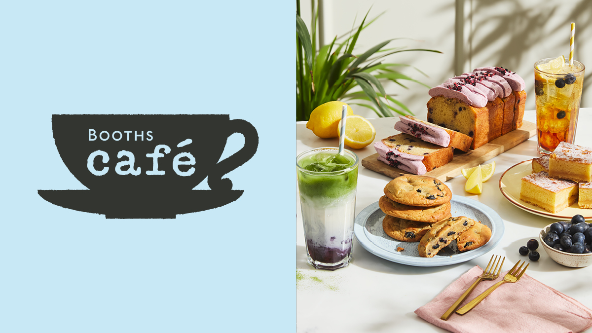 Booths Café web banner with a group shot of a variety of summer cakes, drinks and mains