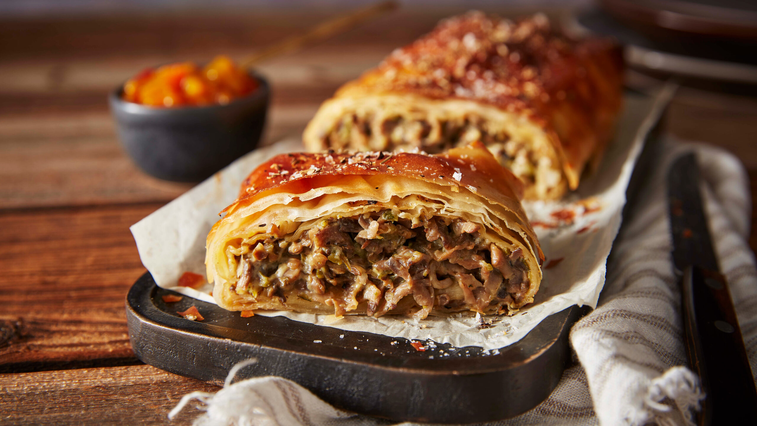 Mushroom and courgette strudel