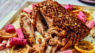 crispy pork belly and roasted rhubarb