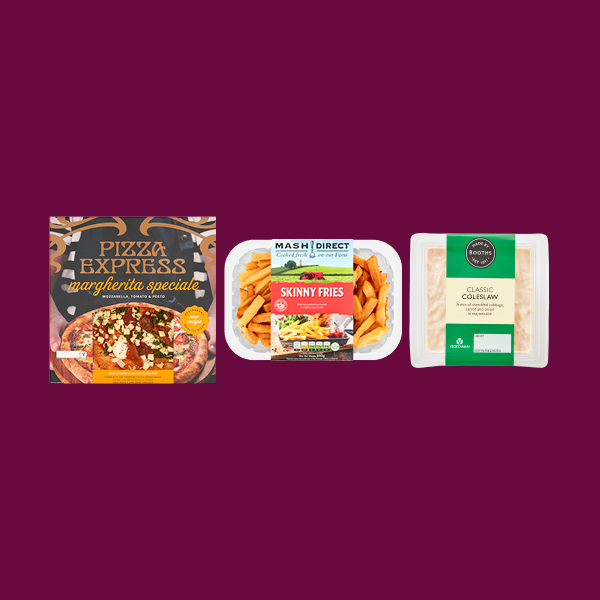 Pack shots of a pizza, fries and coleslaw