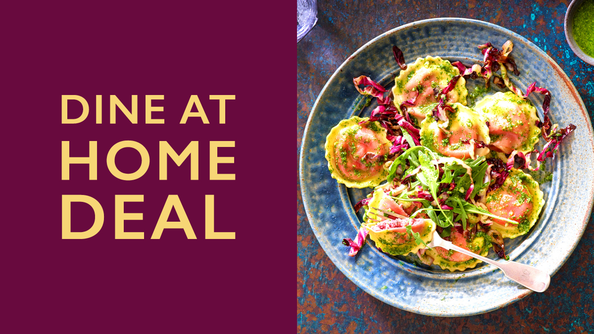 Dine At Home Deal web banner with an image of a Dell Ugo Pasta Dish