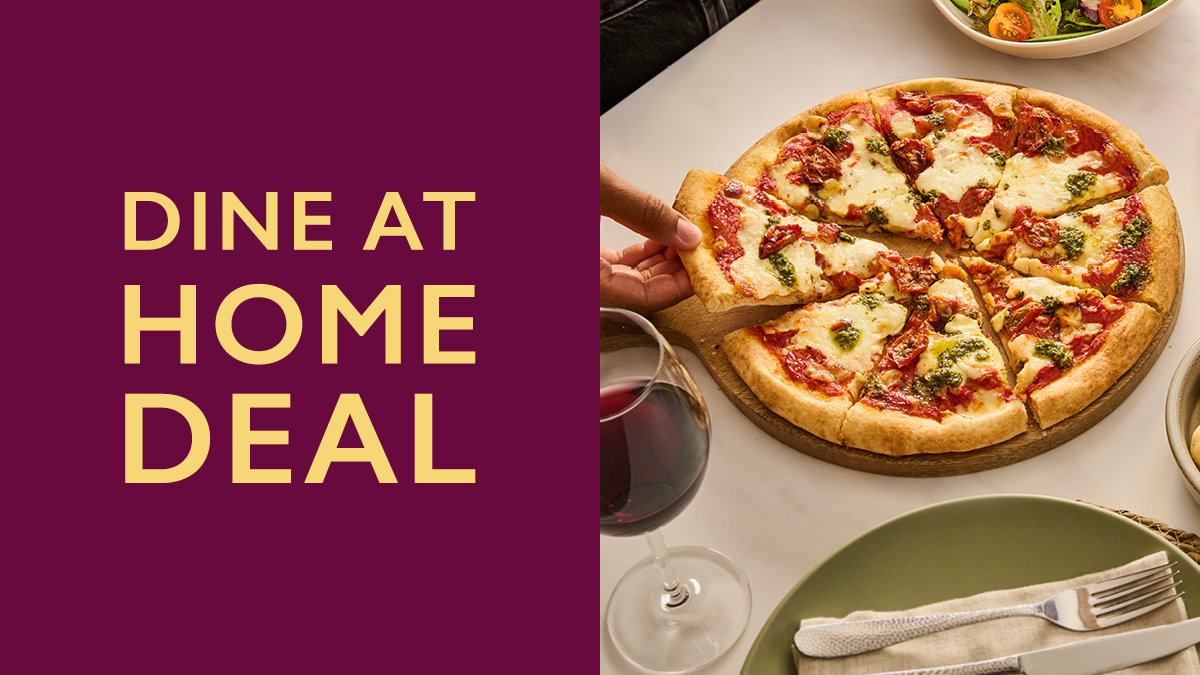Dine AT Home Deal Web Banner with an image of a Pizza Express Pizzq