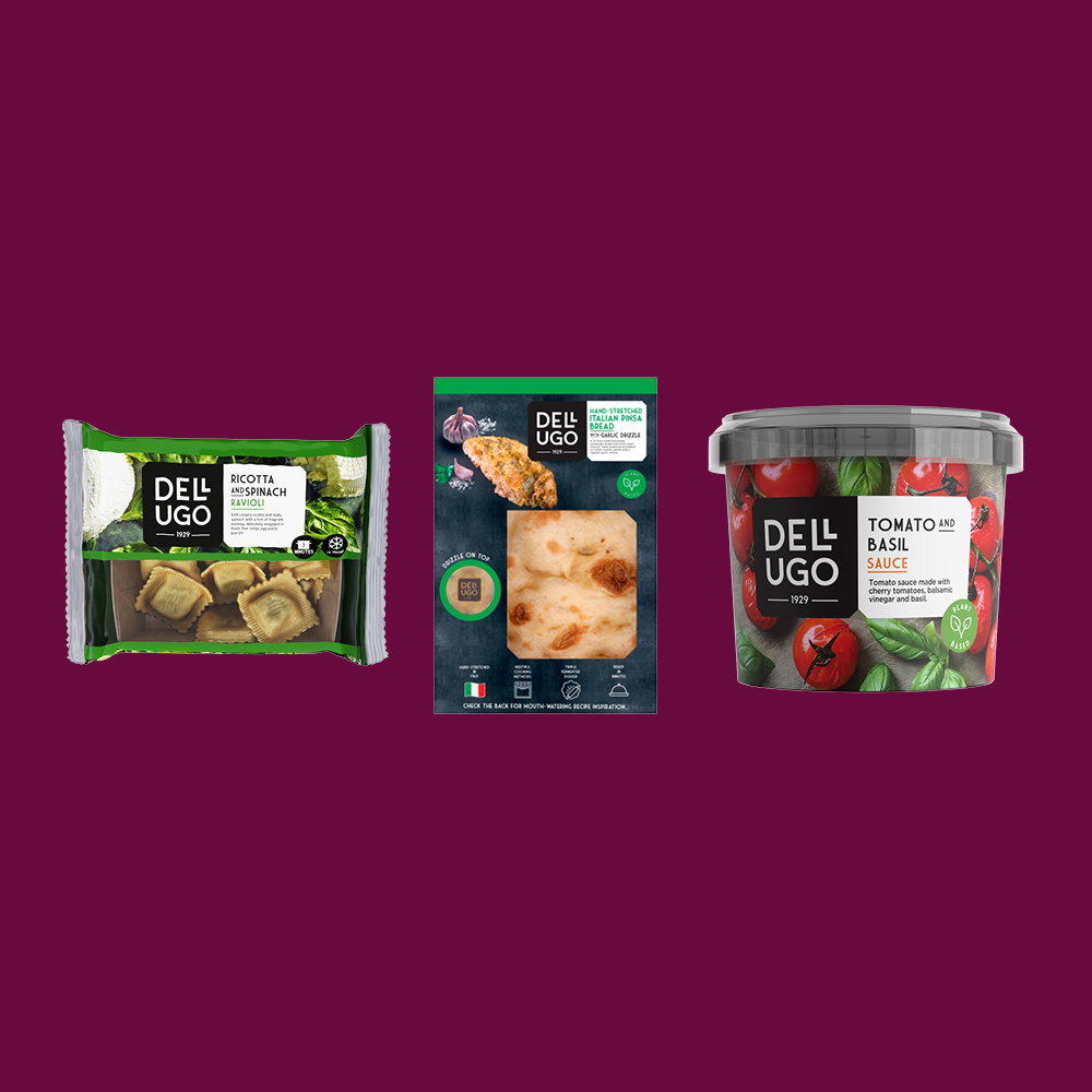 Pack shots of pasta, sauce and pinsa bread