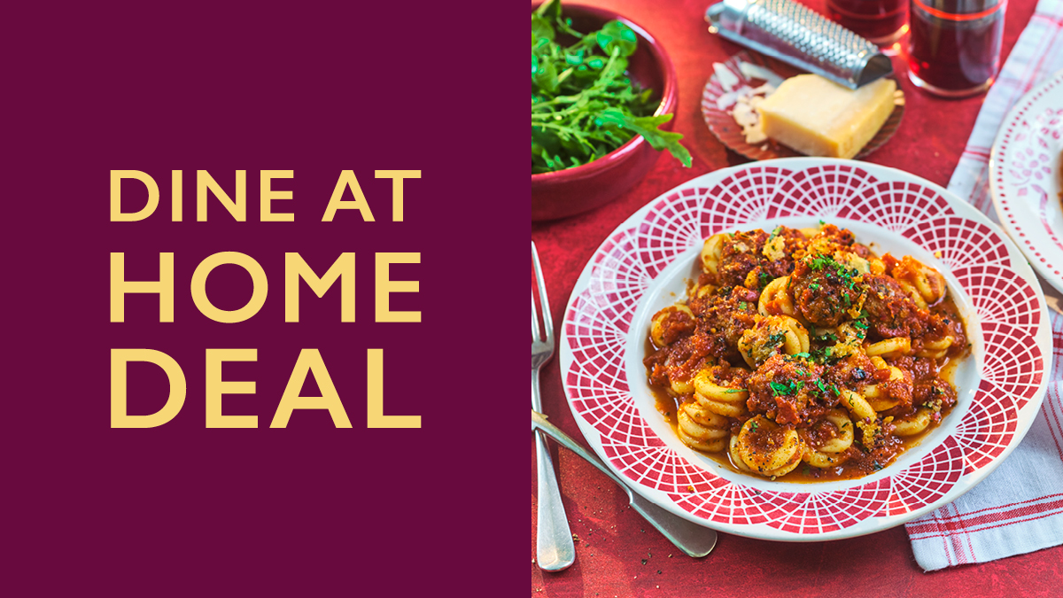 Dine AT Home Deal Web Banner with an image of a bowl of pasta