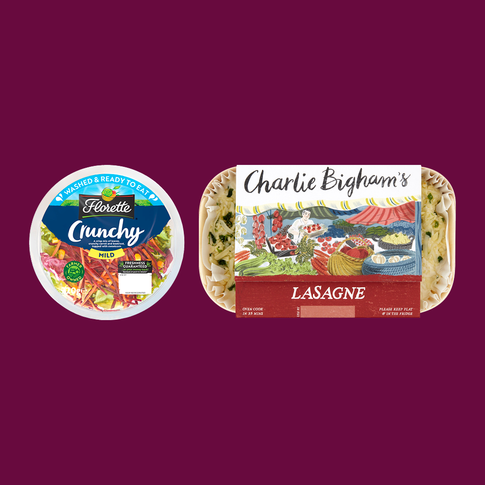 Florette crunchy salad bowl and Charlie Bighams Lasagne