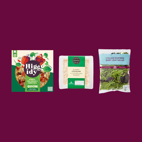 Image of 3 pack shots showing 1x selected Higgidy Quiche, Booths Coleslaw and a Booths Italian Salad Bag