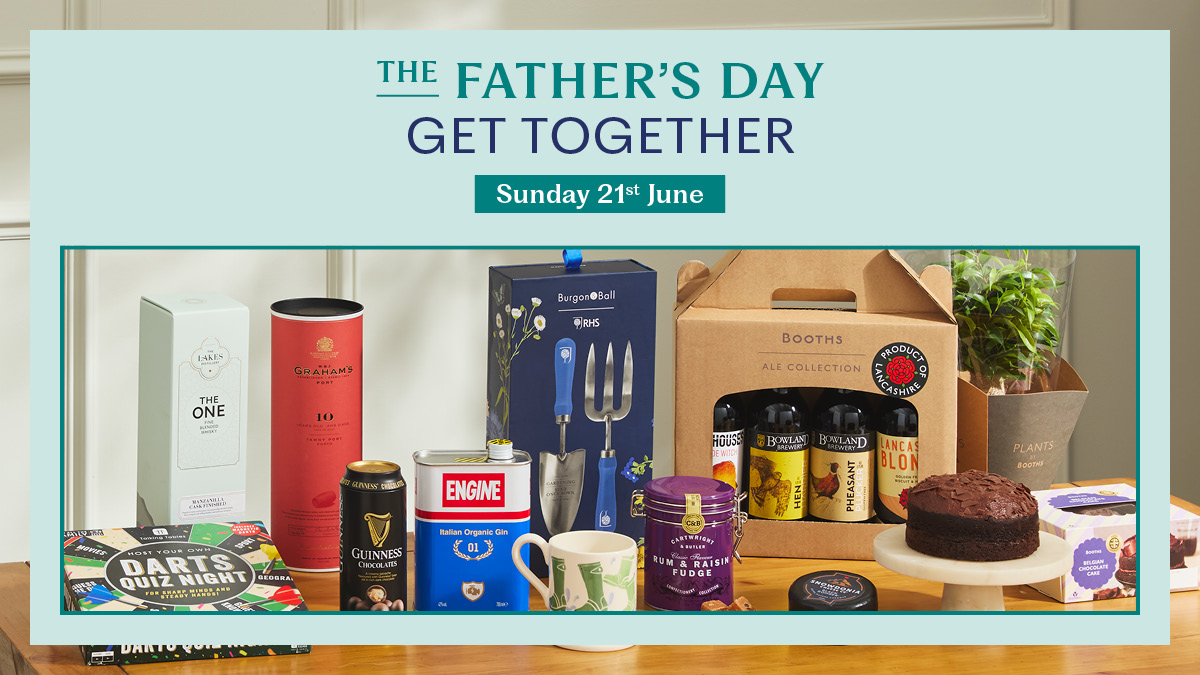 The Father's Day Get Together Banner with a group image of a selection of gifts