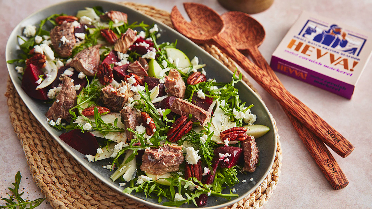 Hevva Mackerel Salad with Apple, Beetroot and Candied Pecans