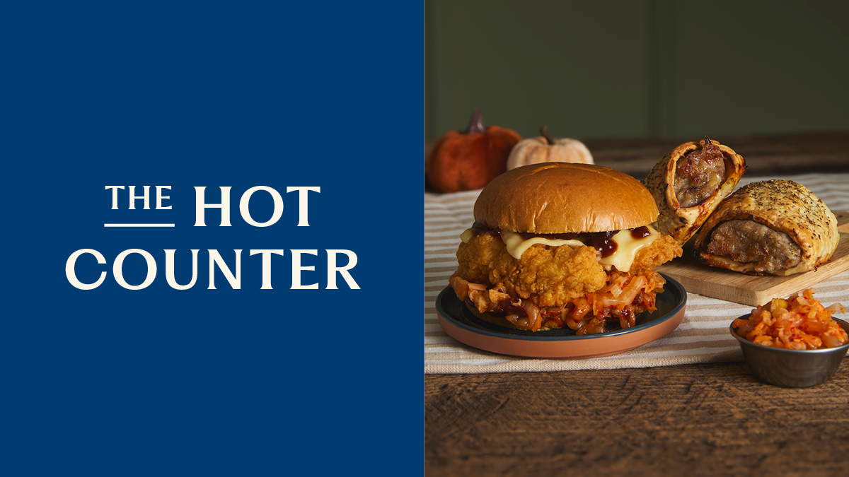 Booths Hot Counter web banner with an image of a seasonal burger and sausage roll on the right