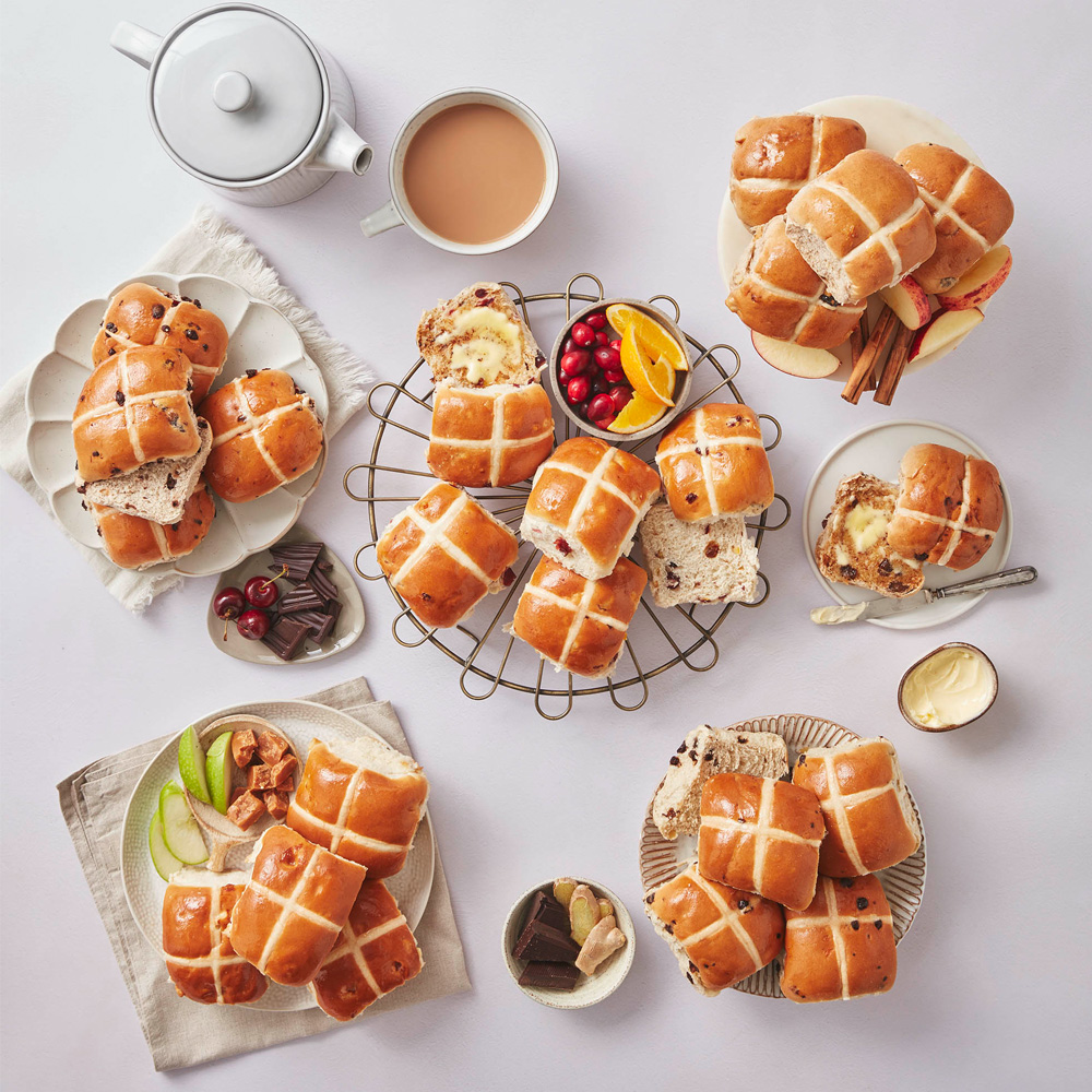Group shot of various hot cross buns