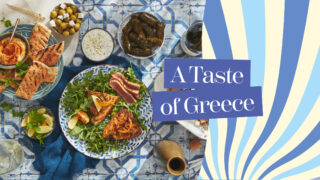 A taste of Greece web banner in the colours of the Greek flag with an image of a Mediterranean recipe