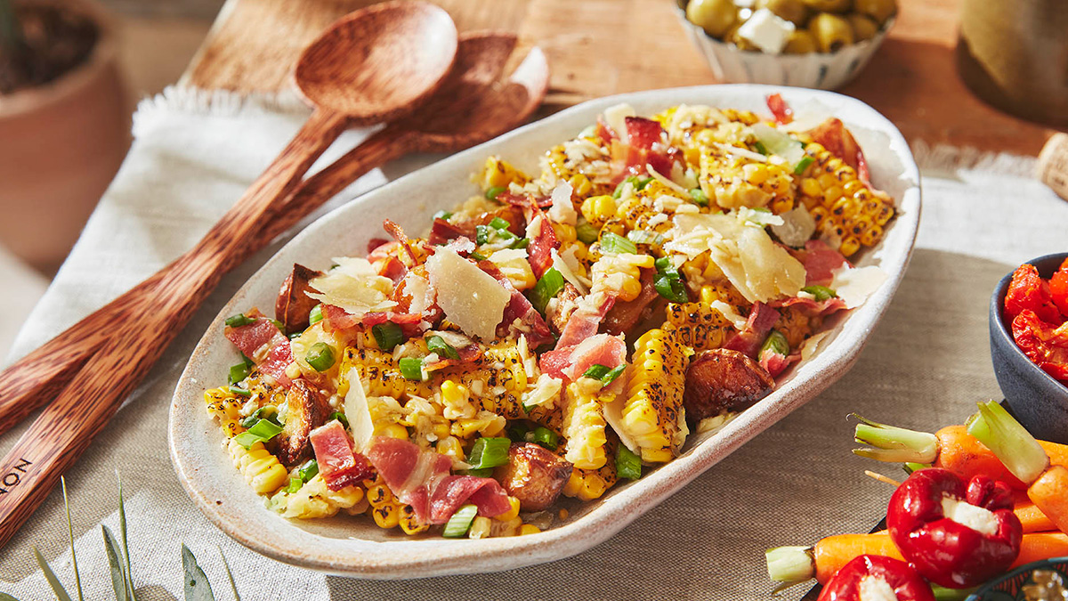 Charred Corn and Crispy Potato Salad with Maple and Mustard Dressing