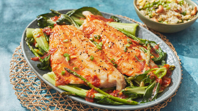 Honey and miso haddock with a side of fried rice