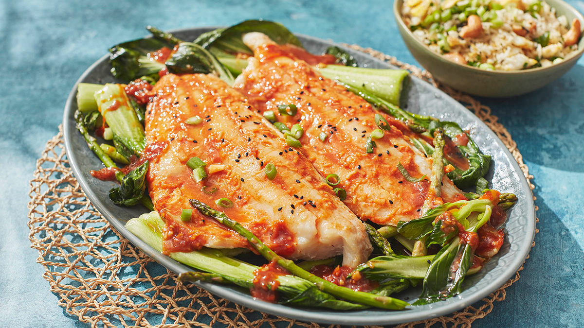 Honey and miso haddock with a side of fried rice