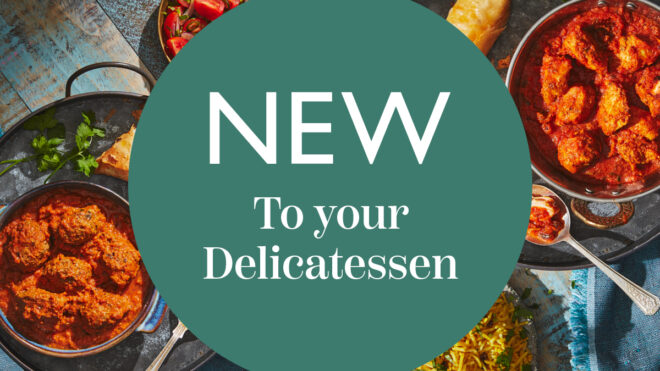 Web banner showing Gazebo Cuisine curries in the background with a green roundel in the middle that says New to your Delicatessen