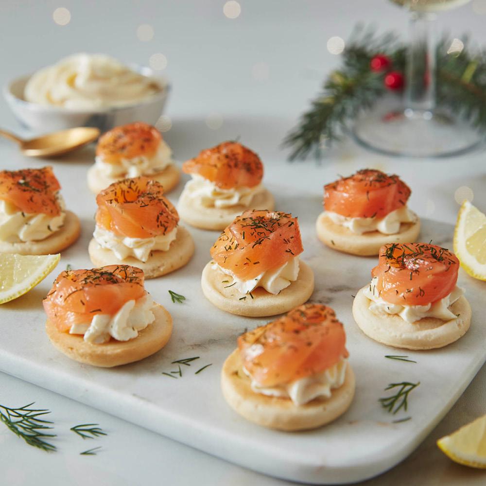 Image of a plate of Scottish Smoked Salmon & Lemon Cream Cheese Blinis