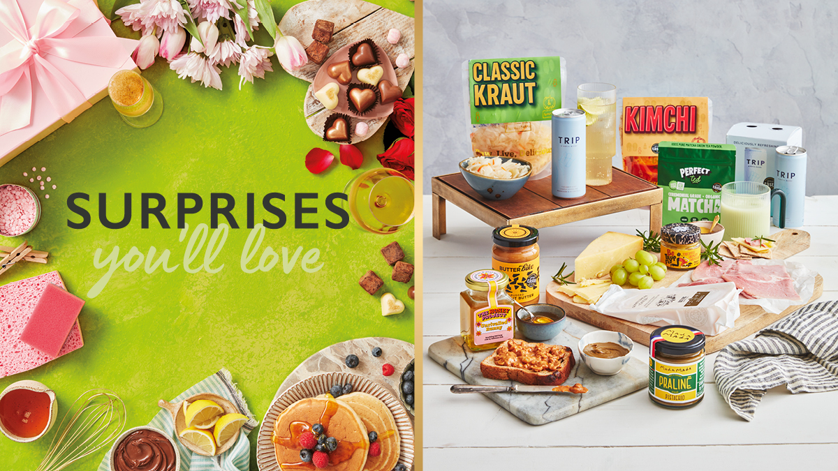 Web banner with text on one side that says 'surprises you'll love' and a group shot of various products on the other