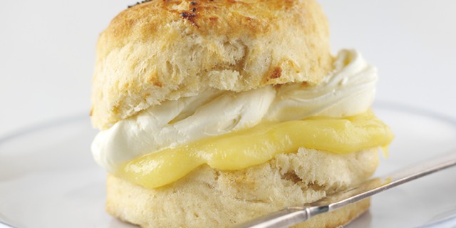 Buttermilk Scone served with Lemon Curd and Whipped cream on a plate with a knife