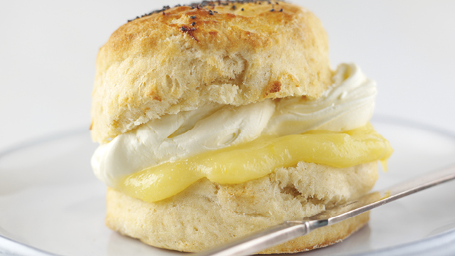 Buttermilk Scone served with Lemon Curd and Whipped cream on a plate with a knife