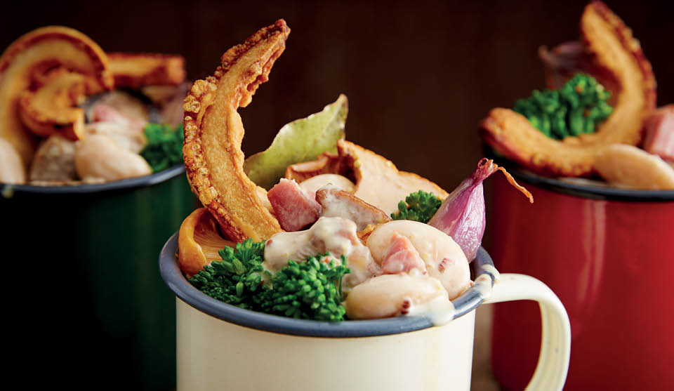 One Pot Pork Shoulder served in cups topped with pieces of crackling