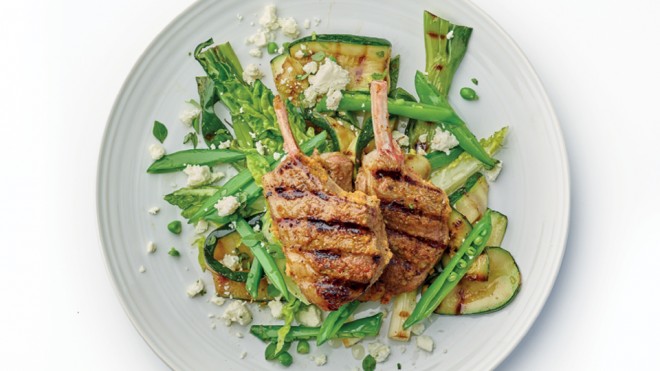 Greek Lamb Chops with Griddled Courgette, Mint and Feta salad served on a white plate