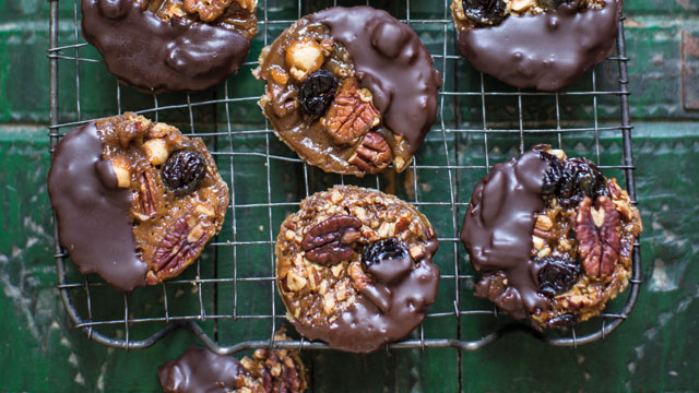 Pecan, Hazelnuts and Sour Cherry Florentines served on a wire rack
