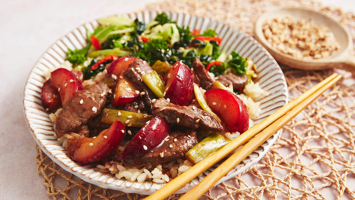 Plum and Hoisin Beef with Sticky Rice and Stir-Fried Greens